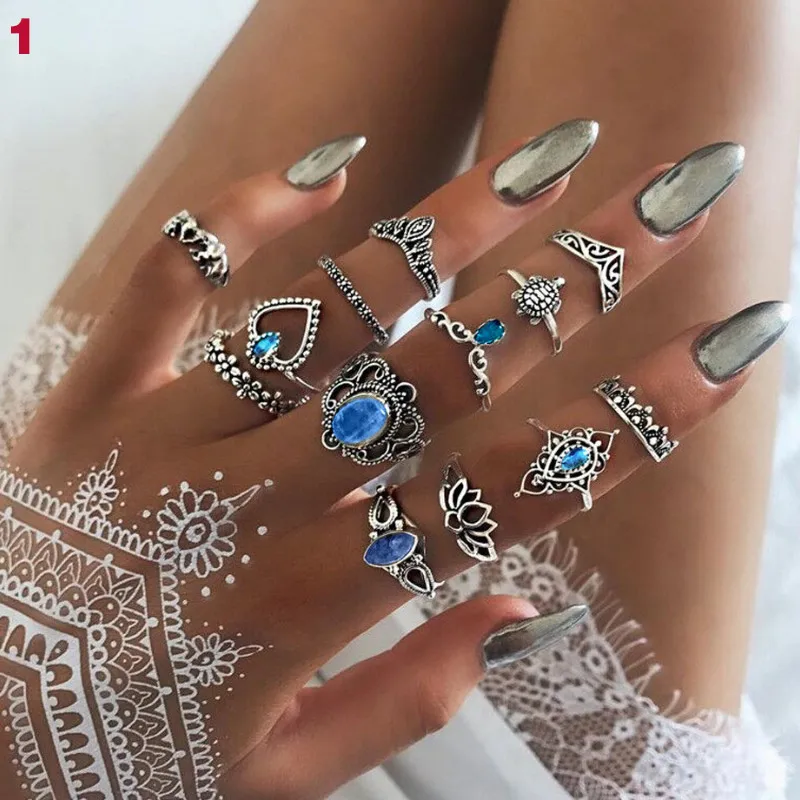 

Ladies' Vintage Turtle Crown Rings Set For Women Lotus Heart Knuckle Rings Party Jewelry TT@88