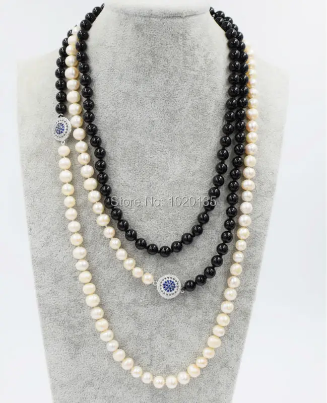 

freshwater pearl near round 8-9mm white and black agate 8mm round long necklace 60inch flower FPPJ