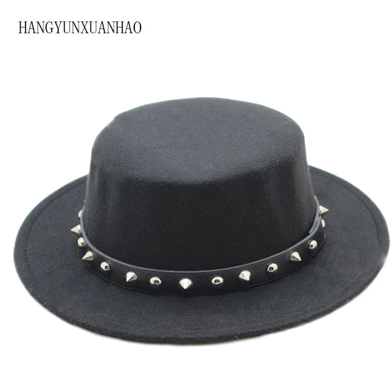 

Brand New Wool Boater Flat Top Hat For Women's With Punk Rivet Fedora Hat Laday Prok Pie Chapeu de Feltro Bowler Gambler Top Hat