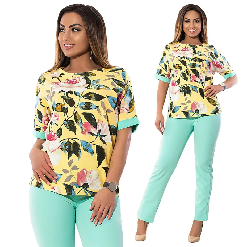 Women 2 Piece Pants Sets Elegent Flower Print Plus Size L 2XL 3XL 4XL 5XL 6XL Top and Pant Two