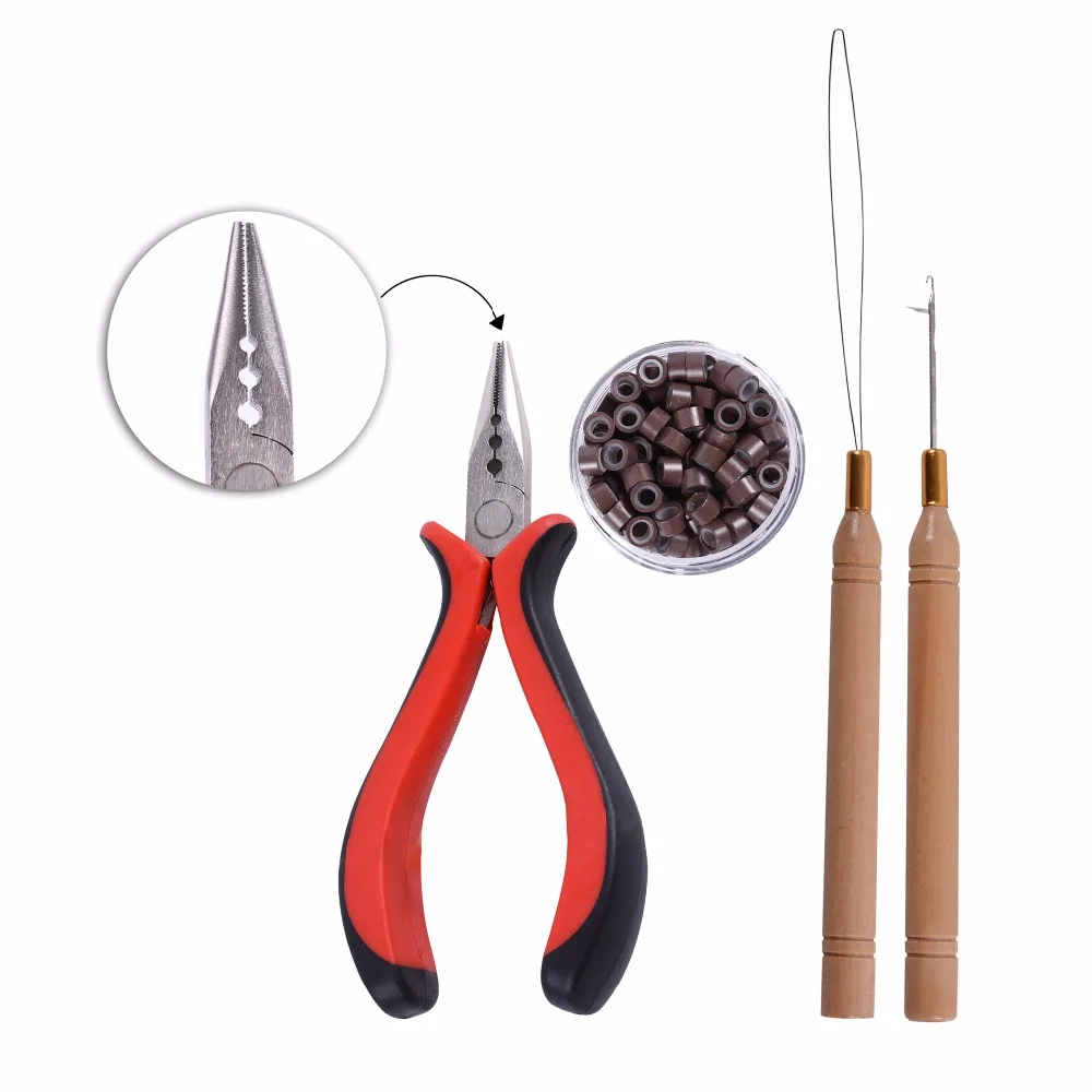 HOT! 1 Bottle/100Pcs Micro Links/Beads+1Pcs Pulling Needle+1Pc 3 Holes Plier Hair Extensions Tool Kit