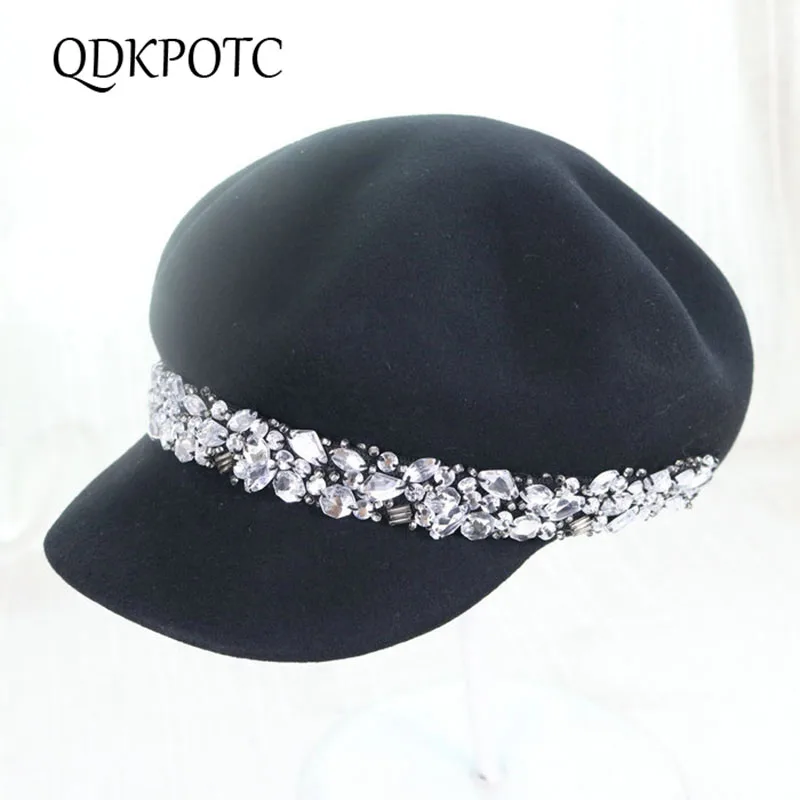 

QDKPOTC Wool felt Equestrian Knight Hat for Women Cap Fashion Rhinestone Octagonal Concave Convex Fedora Hat