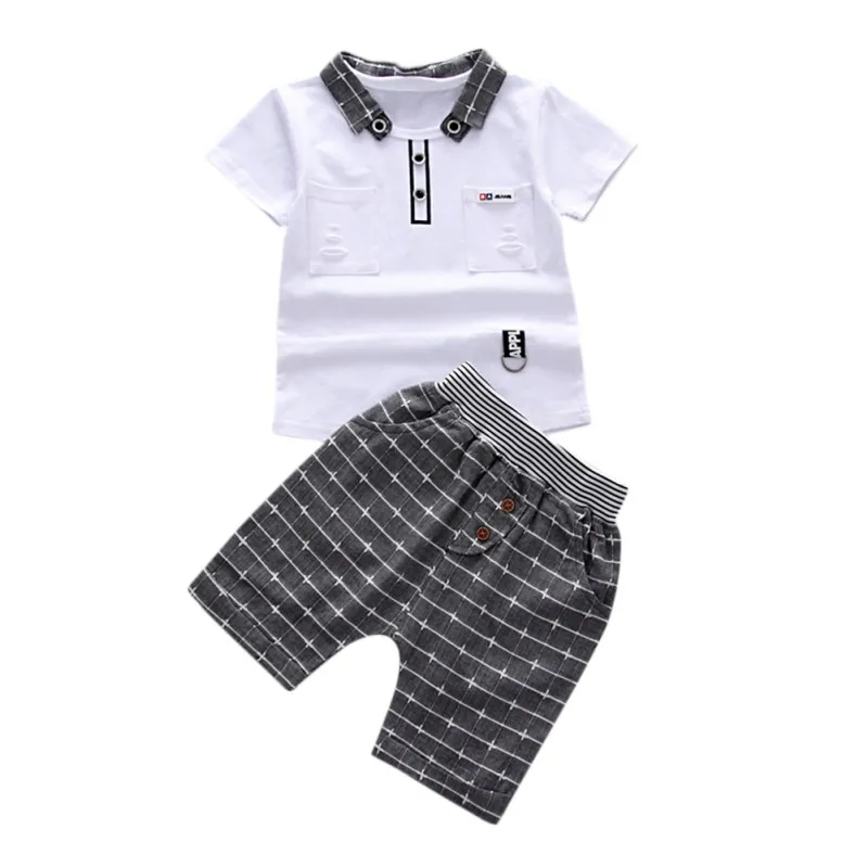 

2 Pcs Baby Boy Summer Children Casual Short Sleeve Top Detachable Collar T-shirt With Pockets Plaid Shorts Outfits