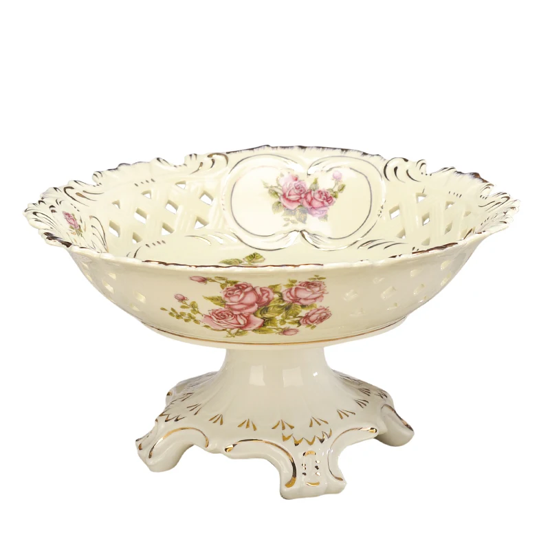 

New Vintage China Pedestal Ceramic fruit Bowl Hand Make Hollow Out Golden Rim flower food Porcelain Bowl Home Decorative