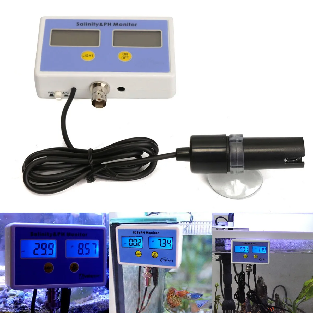 

ZEAST Quality Meter Monitor 2 Probes Set Portable Aquarium Electronic Conductivity Salinity Temperature Meter PH Value On line