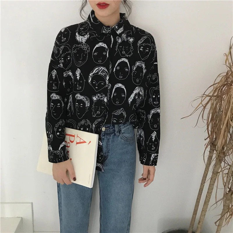  Women Graffiti Blouses Casual Shirts White Long Sleeves Turn Down Collar Casual Loose Shirt Tops Fe