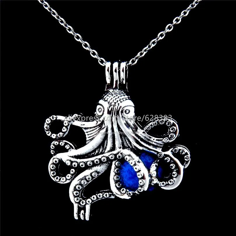 

V184 Steampunk Octopus Locket Necklace Beads Cage Aromatherapy Essential Oil Gothic Unisex Pendant Necklace