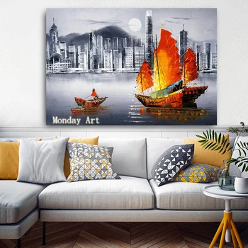 

high quality hand painted Victoria Harbor Hong Kong Cityscape oil painting Wall art landscape Pictures For Living Room bedroom