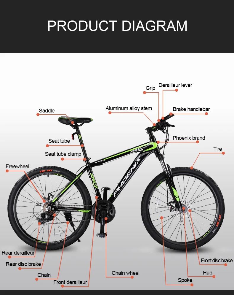 Phoenix 24 Speed Bicycle Mens Road Bike Aluminum Alloy Frame Cycling Double Disc Drake 26inch Racing Bicycle MTB Mountain Bike