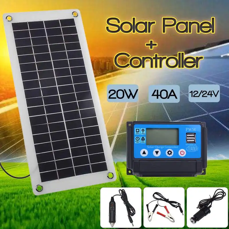 

40A Solar Charge Controller Regulator + 20W Solar Panel 12/24V Portable Power Bank Board Automatic Identification PWN Battery