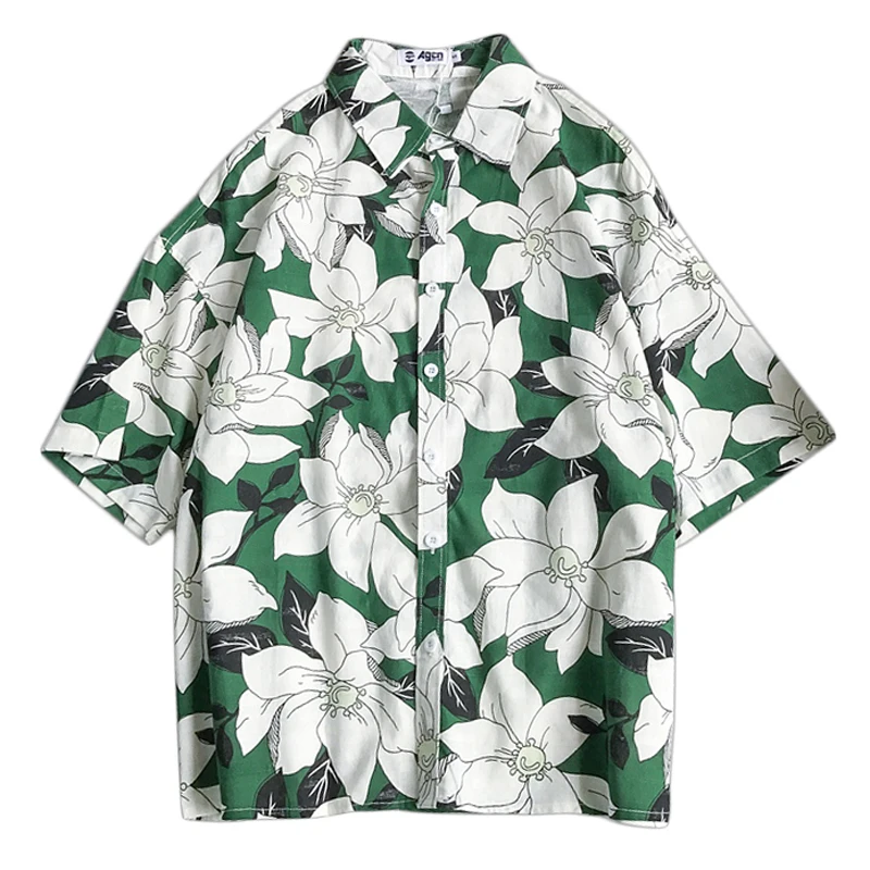 PERHAPS U hawaii green white turn down collar button short sleeve long