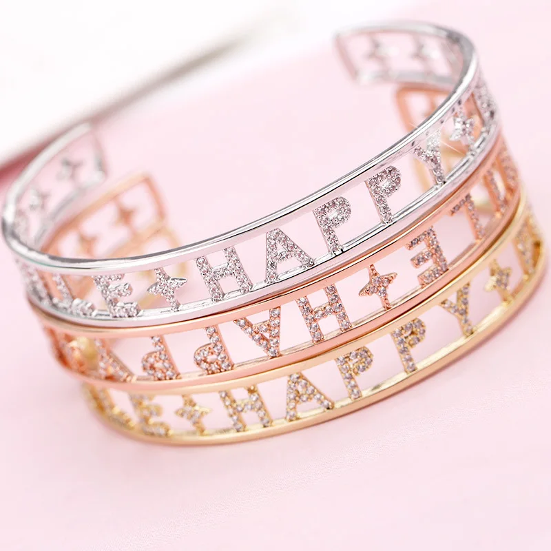 

Rose Gold Silver Hollow Crystal Letters Happy Bracelets Circle Copper Bangle Women Wristbands Contracted Jewelry Dropshipping