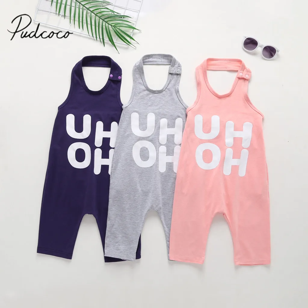 

2019 Children Summer Clothing Cute Romper Toddler Baby Boy Girl Letter Sleeveless 3 Colors Jumpsuit Bodysuit Halter Outfits