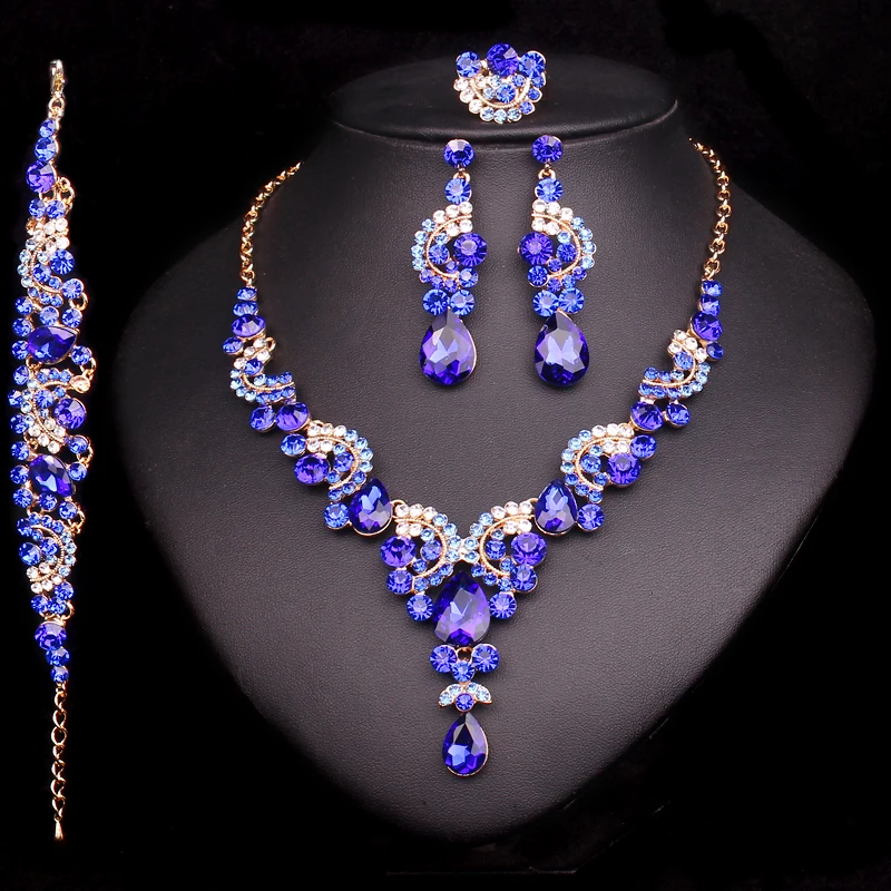 New Fashion Rhinestone Wedding Jewelry Sets For Brides Prom Party Costume Accessories Bridal Necklace Earring Ring