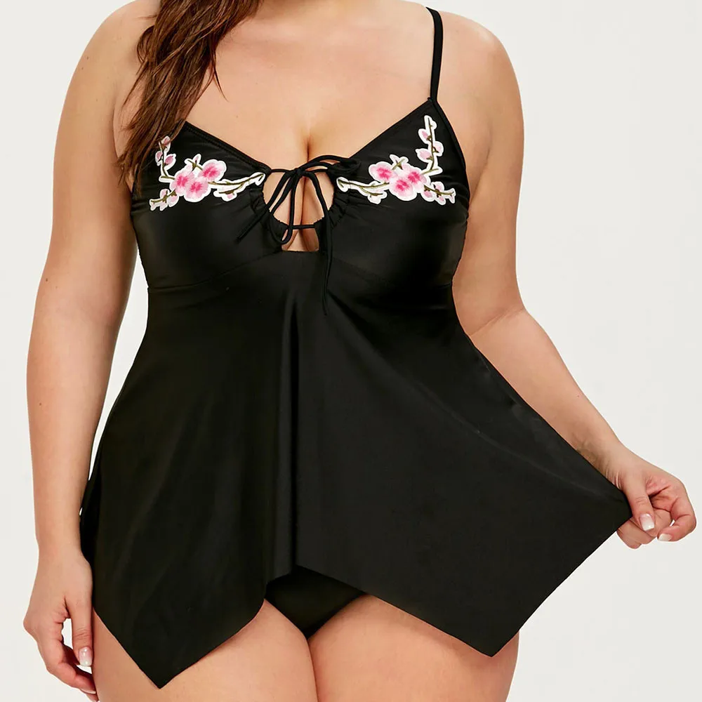 

Women Plus Size Embroidery Floral Split Bikini Female Bather Suit Swimwear Padded Bra Swimsuit Beachwear Plavky Maillot Tankini