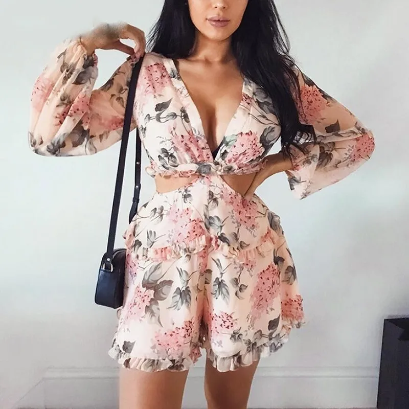 

Bella PhilosophySexy v-neck ruffle boho jumpsuit romperS backless bandage beach jumpsuit overalls Female elegant romper playsuit