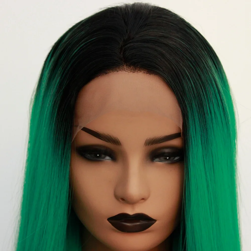 Длинные прямые черные корни Омбре зеленый средняя часть синтетический кружевной передний парик бесклеевой Косплей натуральный парик для черных женщин