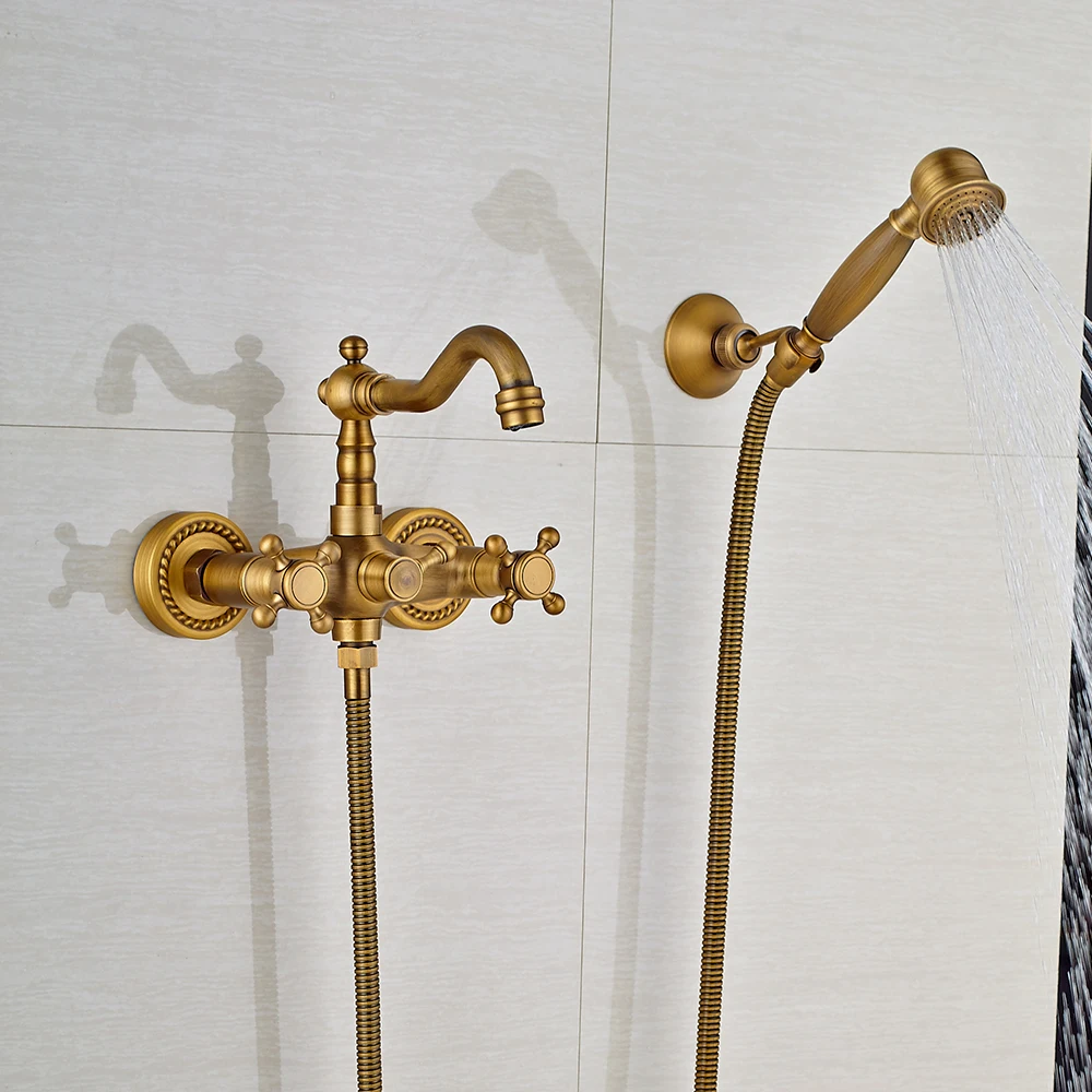 Wall Mount Bathroom Shower Faucet Double Handle Bathtub Faucet with Handheld Shower Antique Brass