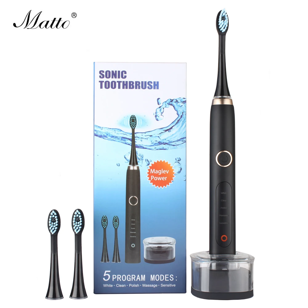 

Matto Sonic Electric Rechargeable Toothbrush 3 Replacement Brush Heads 5 Brushing Modes Waterproof Electric Toothbrush Black