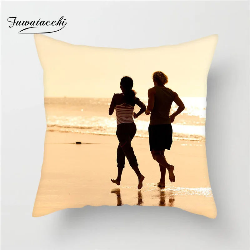 

Fuwatacchi Running Cushion Cover Seaside Running Printed Pillowcases Linen Cotton Pillow Covers Home Decorative Pillows 45*45 cm