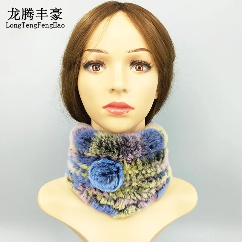 

Fashion Women Winter Scarves 100% Genuine Rex Rabbit Fur Scarf Lady Solid Color Small Scarf With Flower Female Knitting Scarves