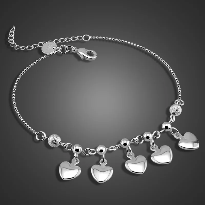 

Fashion simple heart-shaped pendant anklet for a woman. 100% Solid 92 sterling silver tassel anklet. Ladies silver jewelry