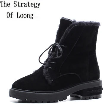 

2019 New Arrival Women Real Leather Pure Color Plush Winter Snow Boots Lace-up Real Leather Buckle Chunky Short Boots ZY171028