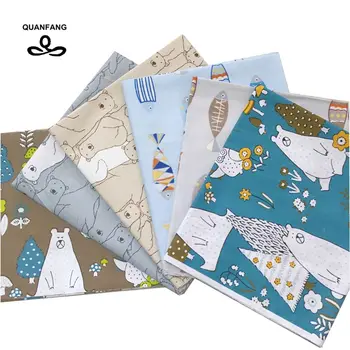 

QUANFANG Printed Bears / Fishes Twill Cotton Fabric For DIY Quilting Sewing Of Baby/Children/Sheet Pillow Cushion Curtain Mater