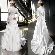 Luxury Ivory Chiffon Hijab Muslim Wedding Dress 2016 Beaded Lace High Neck Wedding Dresses Muslim Long Sleeve Bridal Dress WM33