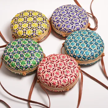 

Women's rattan bag Handmade straw color woven round PU rattan buckle Summer beach women's shoulder bag 2019 new hot 20*8
