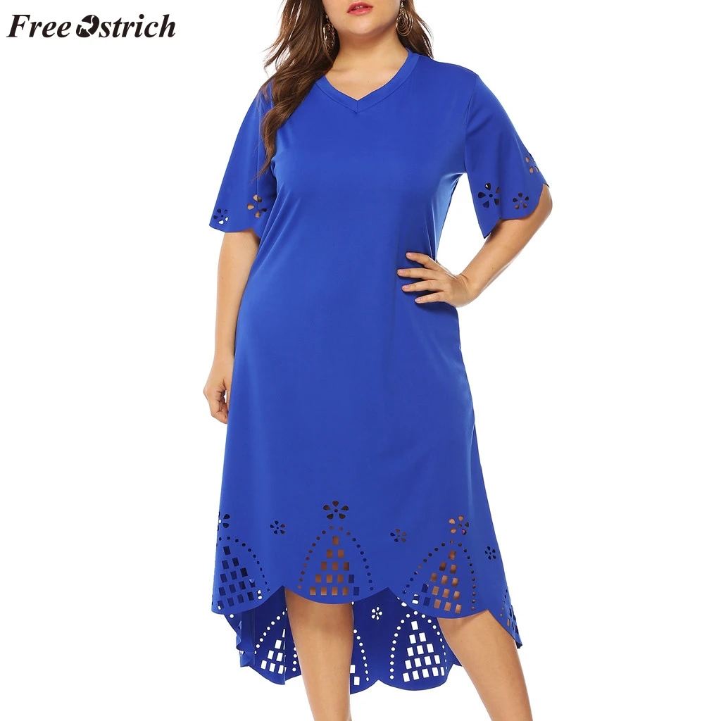 

FREE OSTRICH Women's fashion large size casual V-neck medium calfskin dress ladies short-sleeved burnt flowers large size dress