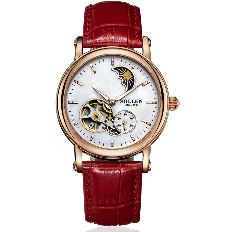 

SOLLEN SL401 watches women luxury automatic mechanical hollow skeleton moon phase closer heart Italian calfskin rose gold red