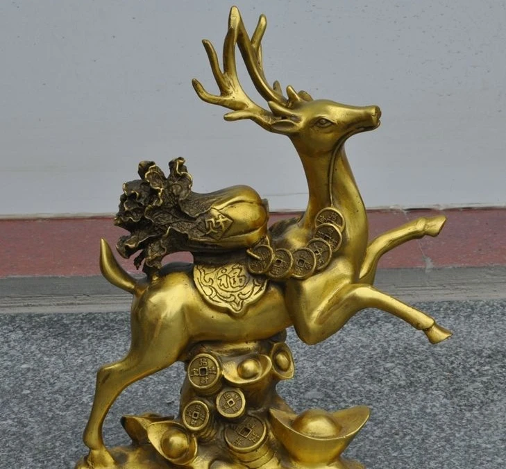

11" chinese brass wealth coin money ingot Cabbage deer auspicious fu rich statue