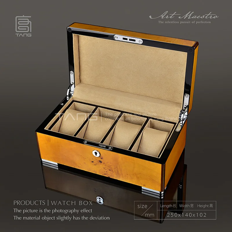 

Top 4 Slots Watch Storage Box Case Yellow Color Watch Display Box Men's Mechanical Watch Boxes With Lock Women Jewelry Box A062