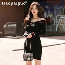 2019 Spring Knitted Dress Women V-neck Striped Mini Dress Club Wear for Ladies Knitting Corset Slim Bodycon Wrap Dresses Ladies striped scoop neck mini bodycon dress in white