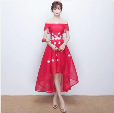Женские вечерние платья с аппликацией и коротким передом и длинной спинкой, элегантные вечерние платья с открытыми плечами и высокой талией - Цвет: Красный