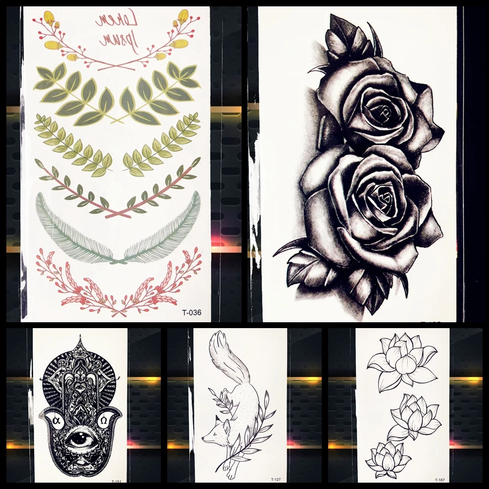 032 10 De Réductionnoir Rose Coloré Fleur Feuille Temporaire Tatouage Fille Aquarelle Femmes Tatto Corps Poitrine Doigt Art Tatouage Autocollants