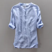 Уникальный дизайн одна пряжка o-образным вырезом мужская летняя рубашка льняная Повседневная модная синяя мужская рубашка с коротким рукавом брендовая мужская женская сорочка