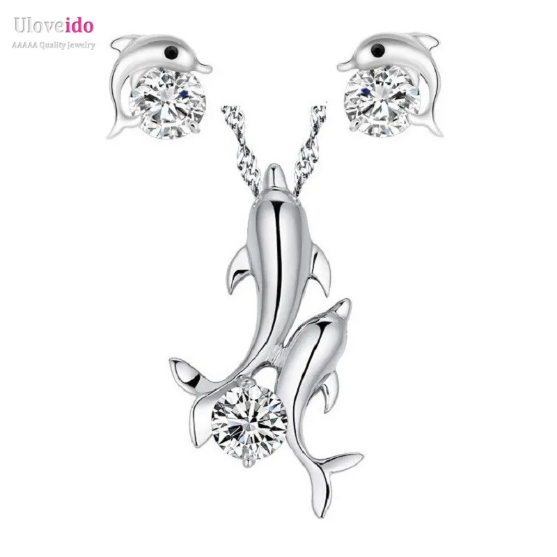 Uloveido Bridal Jewelry Set Dolphin Silver Plated Wedding Jewellery Sets CZ Diamond Jewelry Crystal Earrings Pendant Bague TN324