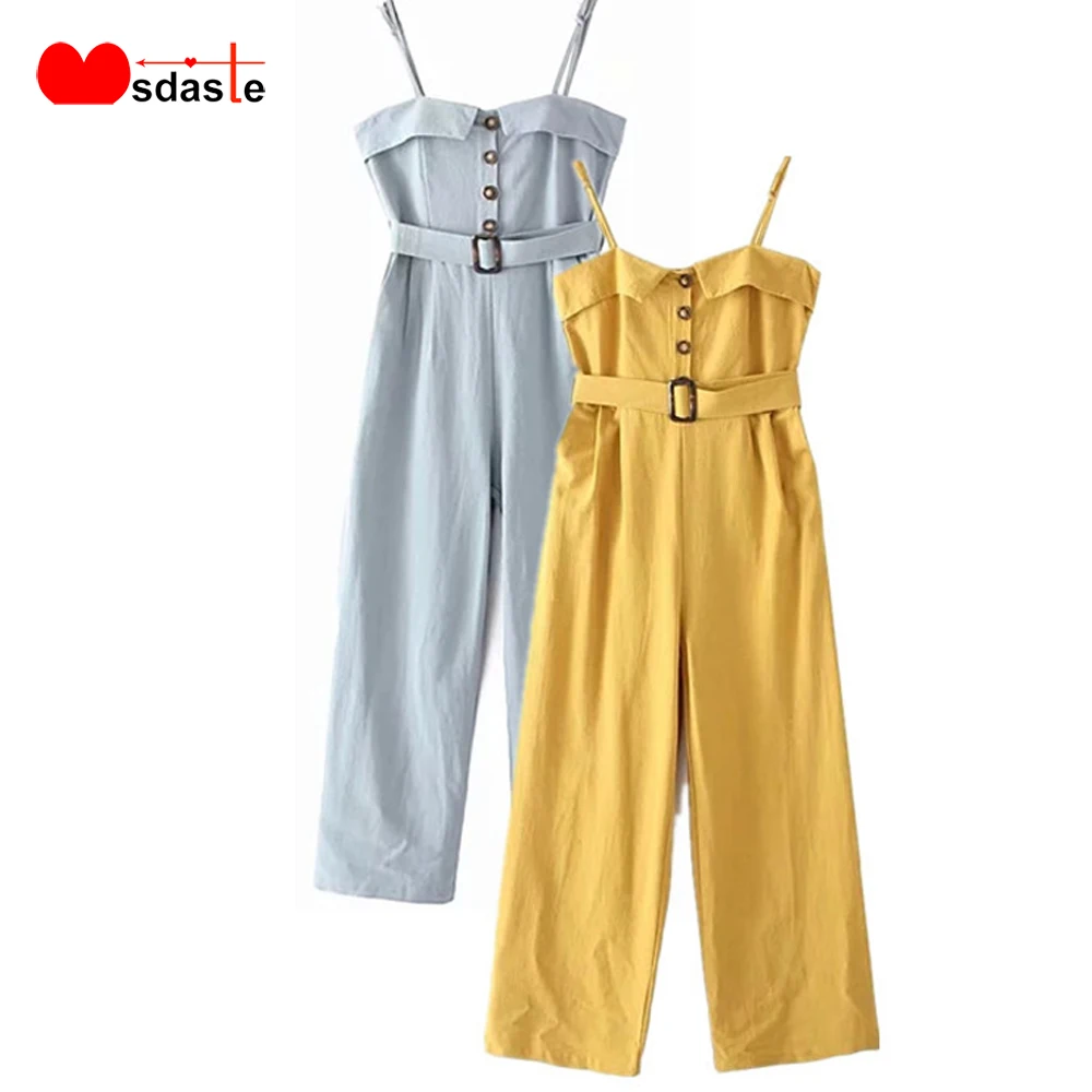 

Jumpsuits Women Belted 2019 Autumn Wide Leg Pants Loose Casual Solid Cotton Linen Overalls Bodysuit Long Rompers Womens Jumpsuit