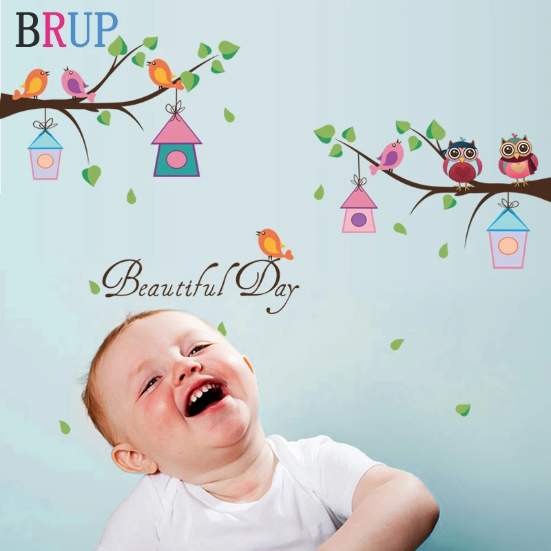 

100*50cm Cartoon Owls Wall Stickers for Kids Rooms Bird on Tree Home Decor Beautiful Day Children Room Decoration Animals Muraux
