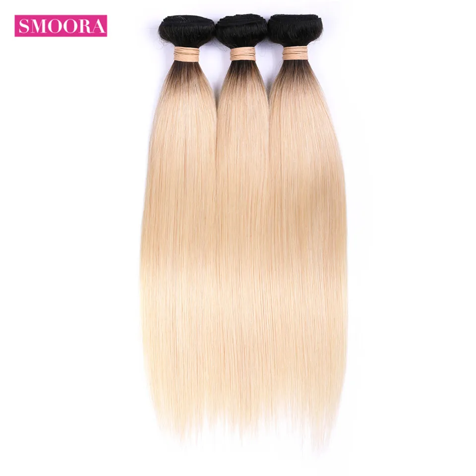 

Ombre Light Blonde Two Tone Color Brazilian Straight Hair 3 Bundles Deal Ombre Human Hair Bundles Dark Roots Top Smoora Non Remy