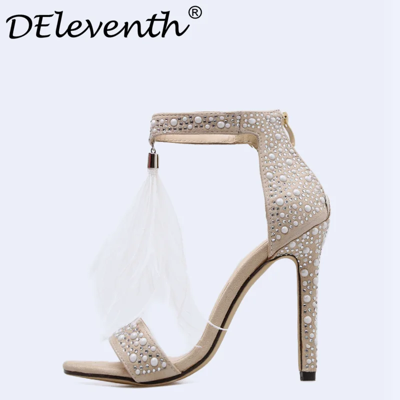 

DEleventh Hot Sexy Bead Feather Zipper Open Toe Stiletto High Heels Sandals Woman Shoes Evening Ladies Party Dress Shoes Apricot
