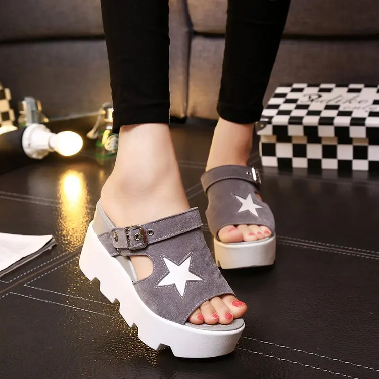 

Koovan Women's Sandals Stars 2018 New High-heeled Sandals Female Increased Cake Bottom Thick Fish Mouth Footwear Roman Shoes