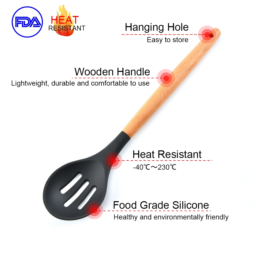Силиконовый набор кухонной утвари 11 шт. бука деревянная ручка термостойкая антипригарная ложка лопатка ковш кухонные инструменты