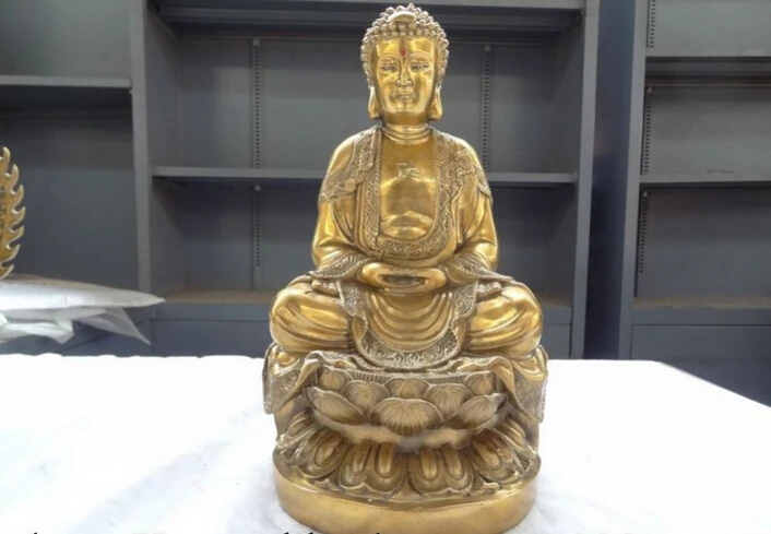 

S4212 12" Tibet Brass Sakyamuni 8 Auspicious Symbol Lotus Shakyamuni Buddha Statue D0318