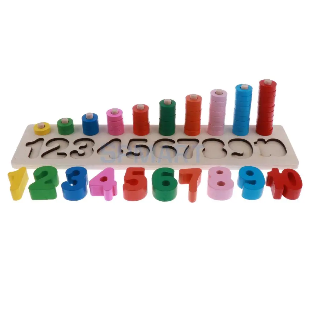 Montessori Wooden Numbers Match & Count  Stacking Ring Tower Kids/Baby Preschool Educational Mathematics Toy