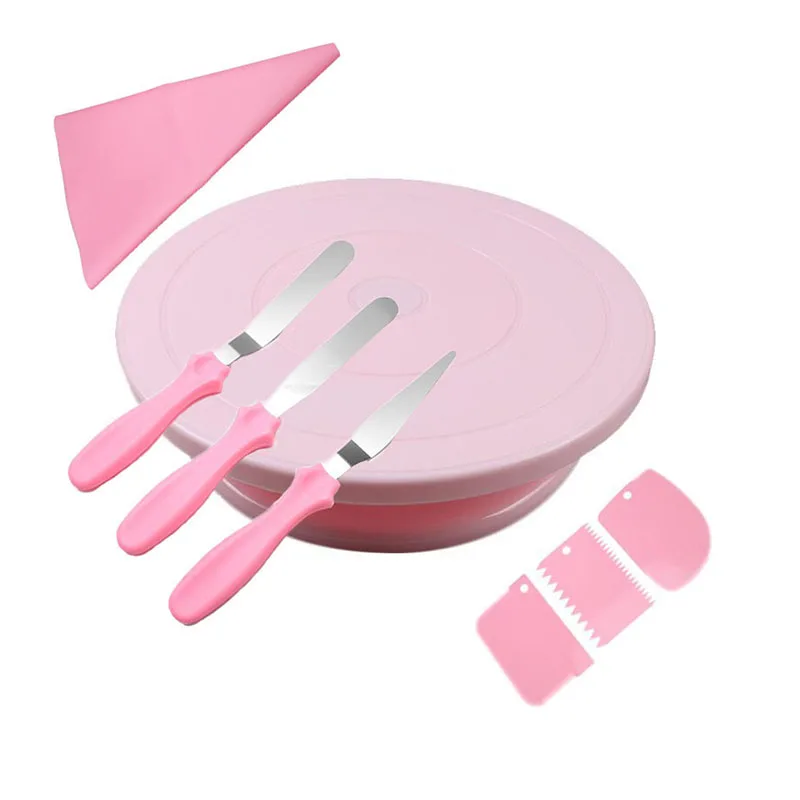 

8PCS/SET Pink Cake Turntable With 3 Icing Spatula/3 Dough Scraper/1 Pastry Bag Cake Decorating Tools Set Diy Baking Tool