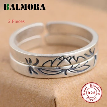 

BALMORA 2 Pieces Solid 925 Sterling Silver Lotus Flower Rings for Women Lover Anniversary Gift Retro Jewelry Anillos SY21713