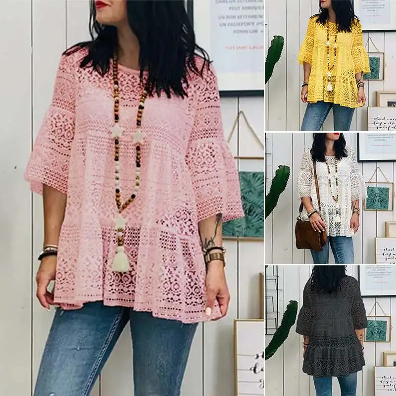 

Sexy Lace Crotch Blouse ZANZEA Women 's Shirt Casual Floral Ruffles Sleeve Blusas Hollow Out Ladies Tunic Tops Plus Size Chemise
